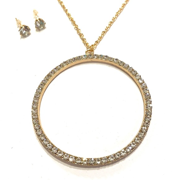 Circle Of Life Necklace Earrings Set Gold Tone Clear Sparkling Rhinestone - Picture 3 of 7